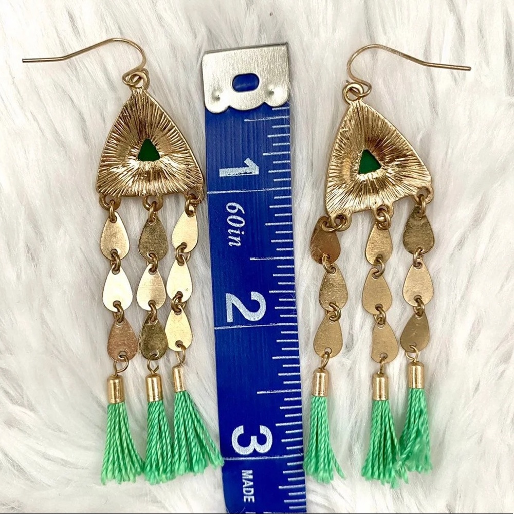 🍓 Green & Gold Hippie Boho Tribal Tassel Earrings - Picture 2 of 2